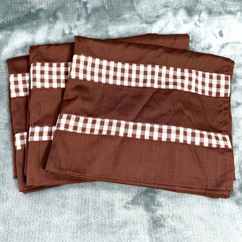 VTG 80s Handmade Brown Gingham Check Curtain Panels Set 3 Cottagecore Prairie